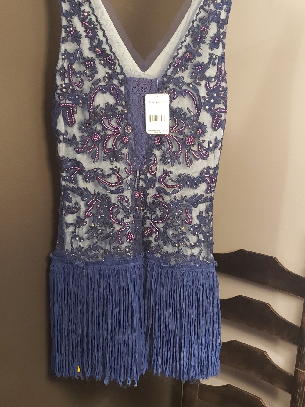 Free People New  Navy Lace Dress with Pink Bead Embellishment Flapper Dress